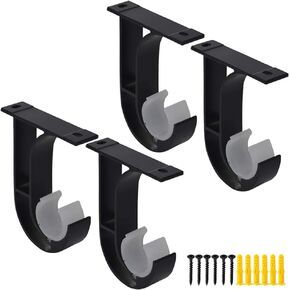 AddGrace Ceiling Curtain Rod Bracket, Heavy Duty Curtain Rod Holder with Plastic Buckle, Aluminum Alloy, Window Hardware Fit up to 1-2/16 Inch, Set of 4, Screw Included (Black)