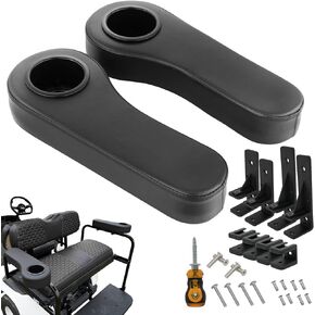 Golf Cart Armrest with Cup Holder for EZGO TXT Club Car DS Precedent and Yamaha Rear Seat Kit, Upgrade Support Frame/No Need Drilling Arm Rest