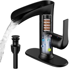 Waterfall Bathroom Faucets with Filter, 2024 Newest Filtered Bathroom Sink Faucet, Black Vessel Faucet for Sink 1-Hole or 3-Hole, Faucet Set with Pop Up Drain Stopper, Deck Plate & 2 Hoses