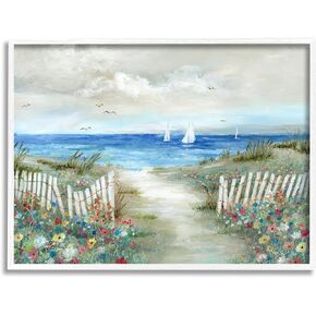 Stupell Industries Tranquil Beachside Flower Meadow Ocean Sailboats Scene Framed Wall Art, Design By Nan