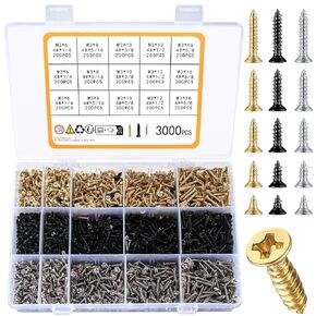 3000 Pcs M3 Metric Small Phillips Flat Head Screws,Wood Screws Assortment Kit, Cross Head Self Tapping Screws, Counersunk Head Cabinet Electronic Screws for DIY Woodworking - Silver/Gold/Black