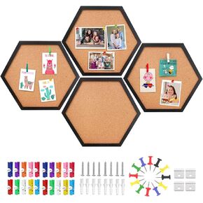 EVNEED 4 Pack Cork Bulletin Board Hexagon, Small Framed Corkboard Tiles for Wall, Thick Decorative Display Boards for Home School Office Decor, Hex Cork Board with 16 Push Pin Wood Clips,Black