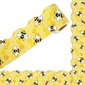 Whaline 32.8Ft Summer Bee Bulletin Board Border Yellow Bee Honeycomb Die Cut Trim Border Roll for Summer Bee Day Home Party Supplies