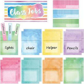 Class Jobs Bulletin Board Colorful Class Jobs Pocket Chart Set Teacher's Helper Chalkboard Decor Classroom Bulletin Board Decoration for Back to School (Eucalyptus Style)