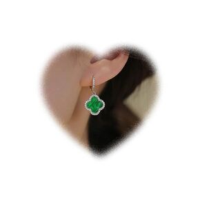 Boho Four Leaf Clover Earrings Green Clover Earrings Crystal Clover Dangle Earrings Cz Huggie Hoop Earrings Jewelry for Women and Girls Gifts (Green)