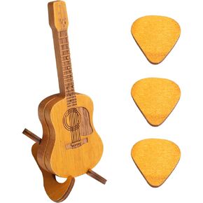 Wooden guitar pick case, with stand, 3 wooden guitar picks, musician's perfect guitar shape replica guitar pick case, suitable for bass guitar ukulele lovers guitar pick case.