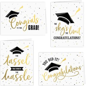 بطاقات التخرج / 12 بطاقة ذهبية باللونين الأسود وغير اللامع مع مظاريف بيضاء / 4 تصميمات للخريجين باللونين الأسود والذهبي / 4 5/8 بوصة × 6 1/4 بوصة بطاقات تهنئة بالتخرج/صنعت في الولايات المتحدة الأمريكية in Kuwait