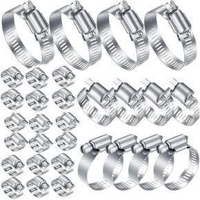 30Pcs Stainless Steel Hose Clamps,1/4-2"Adjustable Worm Gear Pipe Hose Clamp Assortment Kit,Heavy Duty Fuel Line Hose Clamp for Plumbing,Automotive,Dishwasher,Washing Machine, Mechanical Applications