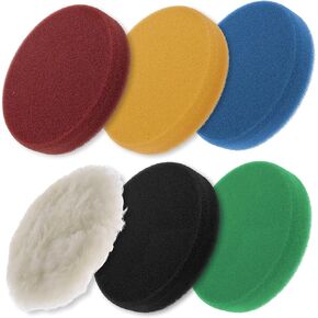 TCP Global 6.5" Flat Foam Dual Action Pad Set, 5 Levels of Foam Pads & 1 Natural Wool Grip Pads - High Performance Brand - Buff, Polish & Detail Car Auto Paint - Boat Gelcoat, Fiberglass Polisher Pads