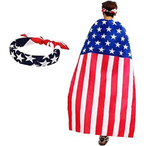 GRAJTCIN American Flag Cape Adult Retro 80's Patriotic Costume with Bandanas for 4th of July Independence Day