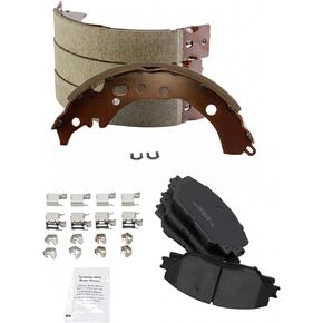 TRQ Front Ceramic Brake Pad & Rear Brake Shoe Kit Set Compatible with 2009-2015 Toyota Corolla / 2008-2014 Scion xD