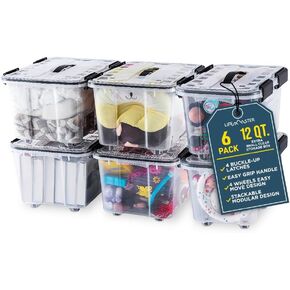 Stackable Storage Box Set - 6 Pieces 12 Quarts Multi-purpose, Space-Efficient Stackable Storage Boxes with Nestable Design, Secure Latches, Easy-Move Wheels & Pull-Out Base - Clear