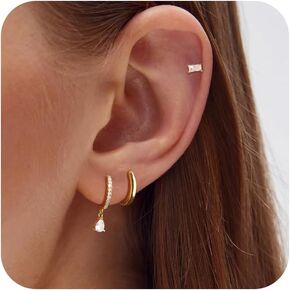 3 Pairs Gold Earrings for Women Trendy 14K Gold Plated Cubic Zirconia Hoop Stud Earrings Dainty Cartilage Hypoallergenic Dangle Huggie Studs Earrings Set Small Lightweight Gold Hoops Earring Jewelry Gifts for Women Girls