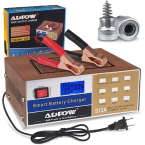 12 Volt Battery Charger 12V 24V 12A Automotive Smart Car Deep Cycle Battery Chargers Maintainer Intelligent Pulse Repair for Boat Marine Truck Lawn Mower with Terminal Clean Brush