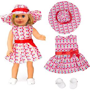 Summer Pool & Beach Dress Doll Clothes (3 Pc Set) - Outfit Includes Multicolored Polka Dot Sun Dress, Hat, & Sandals - Handmade, Premium Outfit & Accessories - Compatible with 18" American Girl Doll