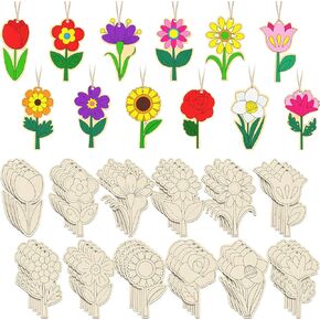 Relaxgiant 48 Pcs Wooden Spring Flowers for Kids DIY Blank Unfinished Wood Flowers Ornaments Crafts Wooden Flower Ornaments Spring Wooden Arts and Crafts for Kids Art Painting Projects Hanging Decor