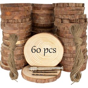 Unfinished Natural Wooden Slices 3.2-4 Inch Wood Circles for Crafts DIY Christmas Ornament Craft Wood Kit with Bit,Blank Round Wood Slice with Bark for Art,Painting,Party (Wood Slices 60 pcs)