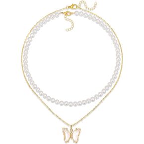 Dainty 18K Gold Pearl Necklace for Women with Butterfly Pendant Minimalist Pearl Layered Choker Necklace Girl Jewelry Gift