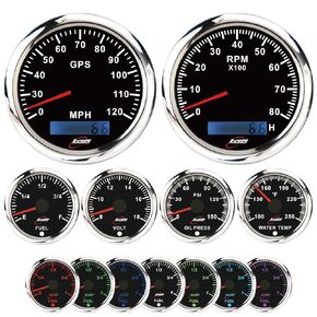 6 Gauge Set 7 Color LED Black Dial - 85mm 3-3/8" GPS Speedometer 0~120 MPH & Tachometer 0~8000 RPM, 52mm 2-1/16" Volt, Fuel Level, Water Temperature & Oil Pressure - for Car, Boat & Truck