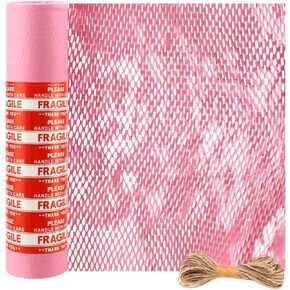 JAPCHET 15 In x 164 Ft Pink Honeycomb Packing Paper, Honeycomb Paper with Sticker Labels and 10 m Rope Honeycomb Wrap Roll for Packaging and Shipping