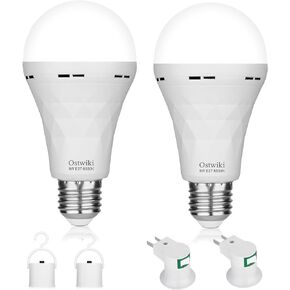 2 Pack Emergency Rechargeable Light Bulbs,Battery Operated Backup Light Bulb 9W E27 8500K 1200mAh White Equivalent Self-Charging LED Light Bulbs for Power Outage Camping Outdoor Activity