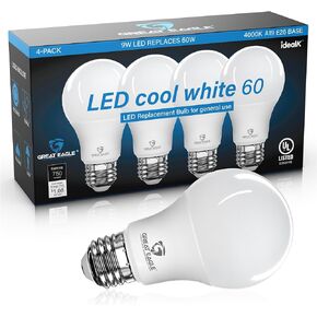 GREAT EAGLE LIGHTING CORPORATION A19 LED Light Bulb, 9W (60W Equivalent), UL Listed, 3000K (Soft White), 750 Lumens, Non-dimmable, Standard Replacement (4 Pack)