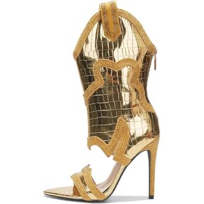 Cape Robbin Nayaye Stiletto Fashion Western Booties for Women, Women's Open Toe Mid-calf Boots with Faux Rhinestone