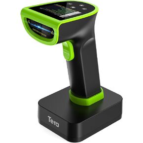 Tera Barcode Scanner Wireless with Screen: Pro Version 1D 2D QR with Digital Setting Keypad Power Switch Charging Cradle Works with Bluetooth 2.4G Wireless Bar Code Reader HW0015 Green