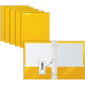 2 Pocket Glossy Yellow Paper Folders with Prongs, 25 Pack, by Better Office Products, Letter Size, High Gloss Yellow Paper Portfolios with 3 Metal Prong Fasteners, Box of 25 Glossy Yellow Folders