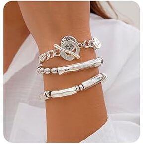 3pcs Boho Layered Beaded Bracelets Set for Women Dainty Stretch Elastic Round Ball Beads Tube Chunky Chain Bracelets Stackable Silver Toggle Cuban Link Bracelets Trendy Jewelry for Girls