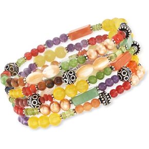 Ross-Simons Multi-Gemstone Bali-Style Jewelry Set: 5 Bead Stretch Bracelets With Sterling Silver