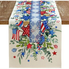 ARKENY 4th of July Memorial Day Table Runner 13x72 Inches, Eucalyptus Leaves American Flag Floral Holiday Farmhouse Burlap Indoor Patriotic Independence Table Decor for Home Party AT615-72