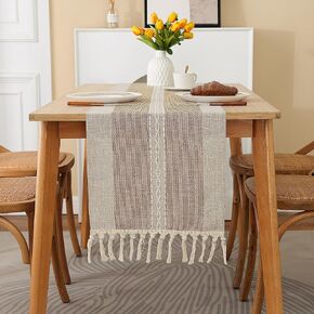 Gernaice Linen Table Runner 48 inches Medium Wide Striped Embroidered Table Runners with Tassel Farmhouse Braided Tabletop Cover Accessories for Party Holiday Home Kitchen Decor 13" W X 48" L Brown