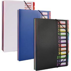 3 Pack 24 Pockets Expanding File Folder Organizer with 12 Colored Tabs, Letter A4 Size File Organizer for Documents, Hold 480 Sheets, Colored Filing Folder Designed for Home, Office, School