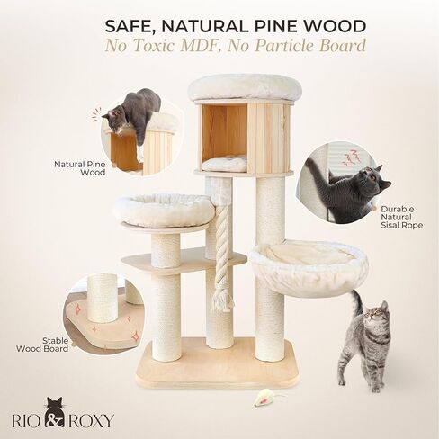 Heavy Duty Cat Tree Tower for Indoor Cats Large, Modern Tall Cat Tower with Scratching Post, Cute Cat Condo, Wood Cat Climbing Tower with Hammock, Aesthetic Luxury Cat Furniture by Rio & Roxy in Saudi Arabia
