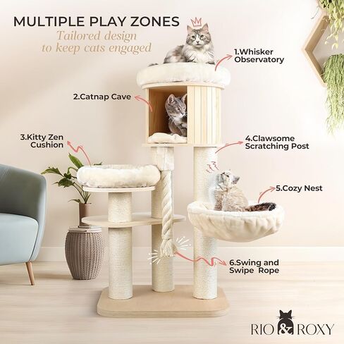 Heavy Duty Cat Tree Tower for Indoor Cats Large, Modern Tall Cat Tower with Scratching Post, Cute Cat Condo, Wood Cat Climbing Tower with Hammock, Aesthetic Luxury Cat Furniture by Rio & Roxy in Saudi Arabia
