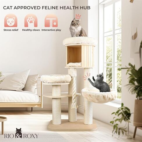 Heavy Duty Cat Tree Tower for Indoor Cats Large, Modern Tall Cat Tower with Scratching Post, Cute Cat Condo, Wood Cat Climbing Tower with Hammock, Aesthetic Luxury Cat Furniture by Rio & Roxy in Saudi Arabia