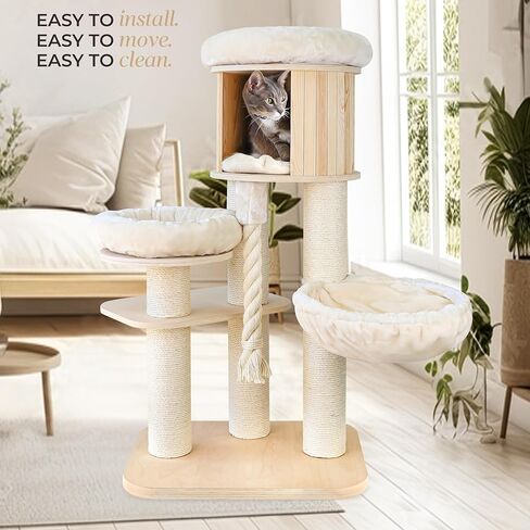 Heavy Duty Cat Tree Tower for Indoor Cats Large, Modern Tall Cat Tower with Scratching Post, Cute Cat Condo, Wood Cat Climbing Tower with Hammock, Aesthetic Luxury Cat Furniture by Rio & Roxy in Saudi Arabia