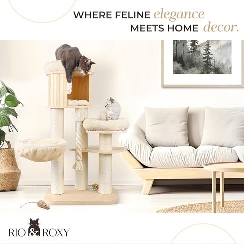 Heavy Duty Cat Tree Tower for Indoor Cats Large, Modern Tall Cat Tower with Scratching Post, Cute Cat Condo, Wood Cat Climbing Tower with Hammock, Aesthetic Luxury Cat Furniture by Rio & Roxy in Saudi Arabia