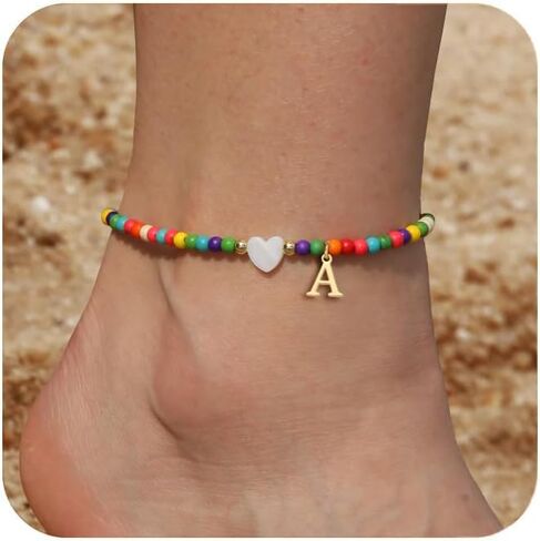 Honsny Ankle Bracelets for Women Initial Anklets Waterproof Boho Beaded Dainty Ankle Bracelets for Teen Girls Letter Heart Handmade Adjustable Foot Chain Anklet Summer Vacation Colorful Jewelry Gift in Saudi Arabia