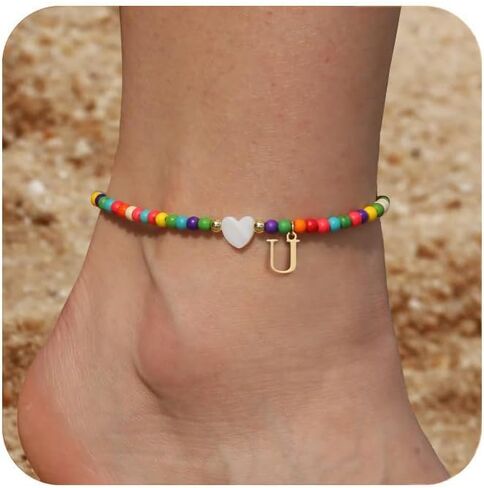 Honsny Ankle Bracelets for Women Initial Anklets Waterproof Boho Beaded Dainty Ankle Bracelets for Teen Girls Letter Heart Handmade Adjustable Foot Chain Anklet Summer Vacation Colorful Jewelry Gift in Saudi Arabia