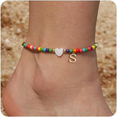 Honsny Ankle Bracelets for Women Initial Anklets Waterproof Boho Beaded Dainty Ankle Bracelets for Teen Girls Letter Heart Handmade Adjustable Foot Chain Anklet Summer Vacation Colorful Jewelry Gift in Kuwait