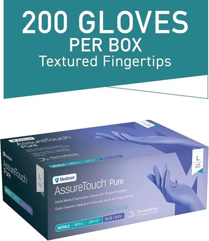 قفازات الفحص الطبي من Medicom AssureTouch من النتريل النقي، عدد كبير 3 مل، عدد 200، قفازات خالية من اللاتكس للاستعمال مرة واحدة، خالية من المسحوق in Kuwait
