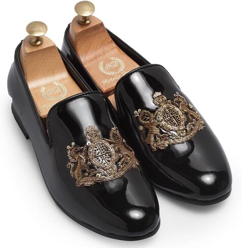 Men's Designer Shoes - The Royal Seal Zardozi Leather Slipons for Men, Nappa Leather Padded Lining, 100% Handmade - Patent Black in Saudi Arabia