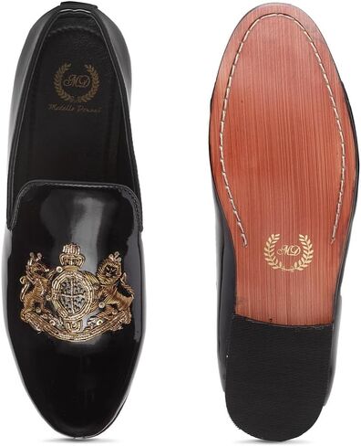 Men's Designer Shoes - The Royal Seal Zardozi Leather Slipons for Men, Nappa Leather Padded Lining, 100% Handmade - Patent Black in Saudi Arabia