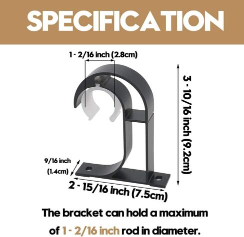 AddGrace Ceiling Curtain Rod Bracket, Heavy Duty Curtain Rod Holder with Plastic Buckle, Aluminum Alloy, Window Hardware Fit up to 1-2/16 Inch, Set of 4, Screw Included (Black) in Saudi Arabia