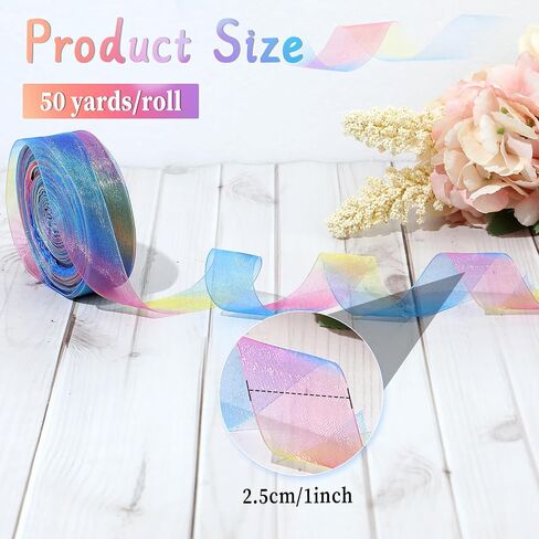 Rainbow Ribbons Organza Sheer 1 Inch Rainbow Ribbon Chiffon Ribbon for Gift Wrapping Package Gift Wrapping Wedding Party Decoration 50 Yards (1 Inch) in Saudi Arabia