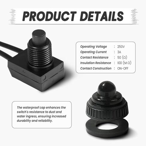2PCS Push Button Switch with Wire, 12V Waterproof KP107 ON/Off Switch for Cars/Motorcycles/Trucks/Boats (Black) in Kuwait
