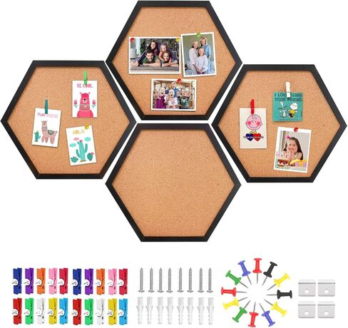 EVNEED 4 Pack Cork Bulletin Board Hexagon, Small Framed Corkboard Tiles for Wall, Thick Decorative Display Boards for Home School Office Decor, Hex Cork Board with 16 Push Pin Wood Clips,Black in Saudi Arabia