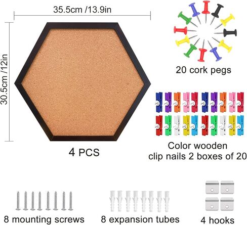 EVNEED 4 Pack Cork Bulletin Board Hexagon, Small Framed Corkboard Tiles for Wall, Thick Decorative Display Boards for Home School Office Decor, Hex Cork Board with 16 Push Pin Wood Clips,Black in Saudi Arabia